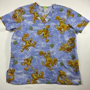 Scooby Doo Scrub Top Women's Size L Lavender Cartoon Print V Neck Short Sleeve